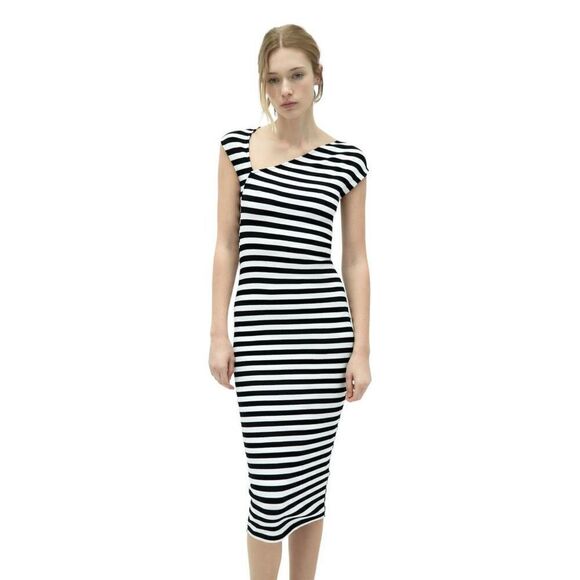 ZARA BLACK AND WHITE ASYMMETRIC NECK DRESS - Picture 1 of 7